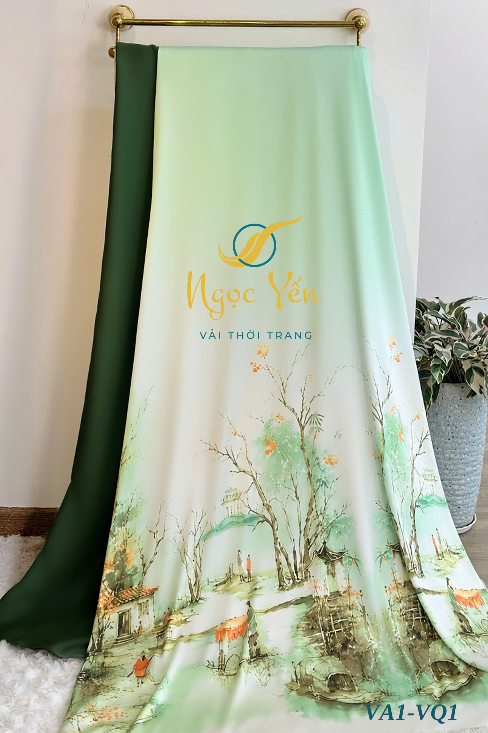 VQ1-Vải quần lụa ngọc trai trơn màu xanh rêu