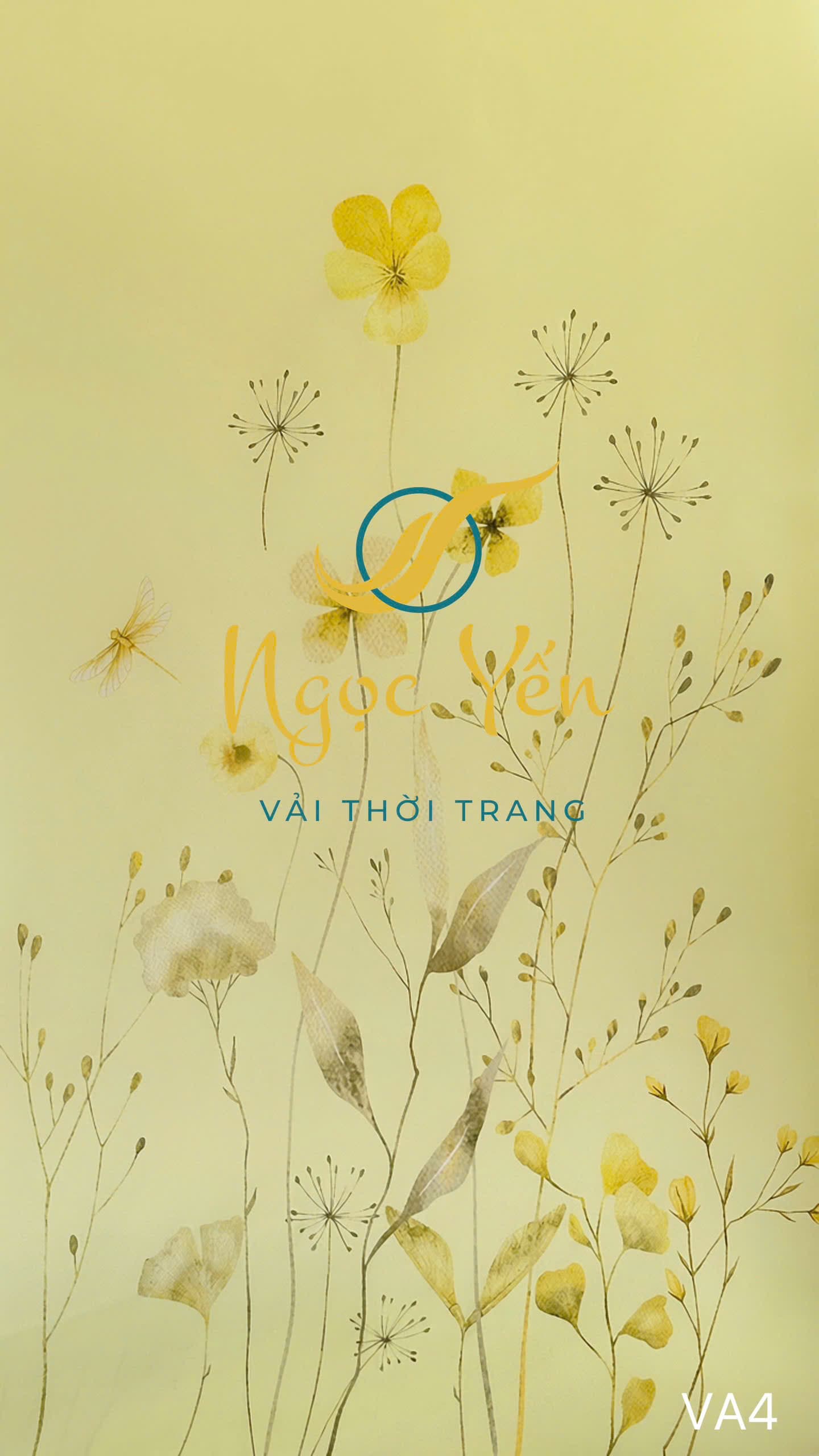 VA4-Vải áo lụa ngọc trai in họa tiết hoa cỏ dại màu vàng trứng