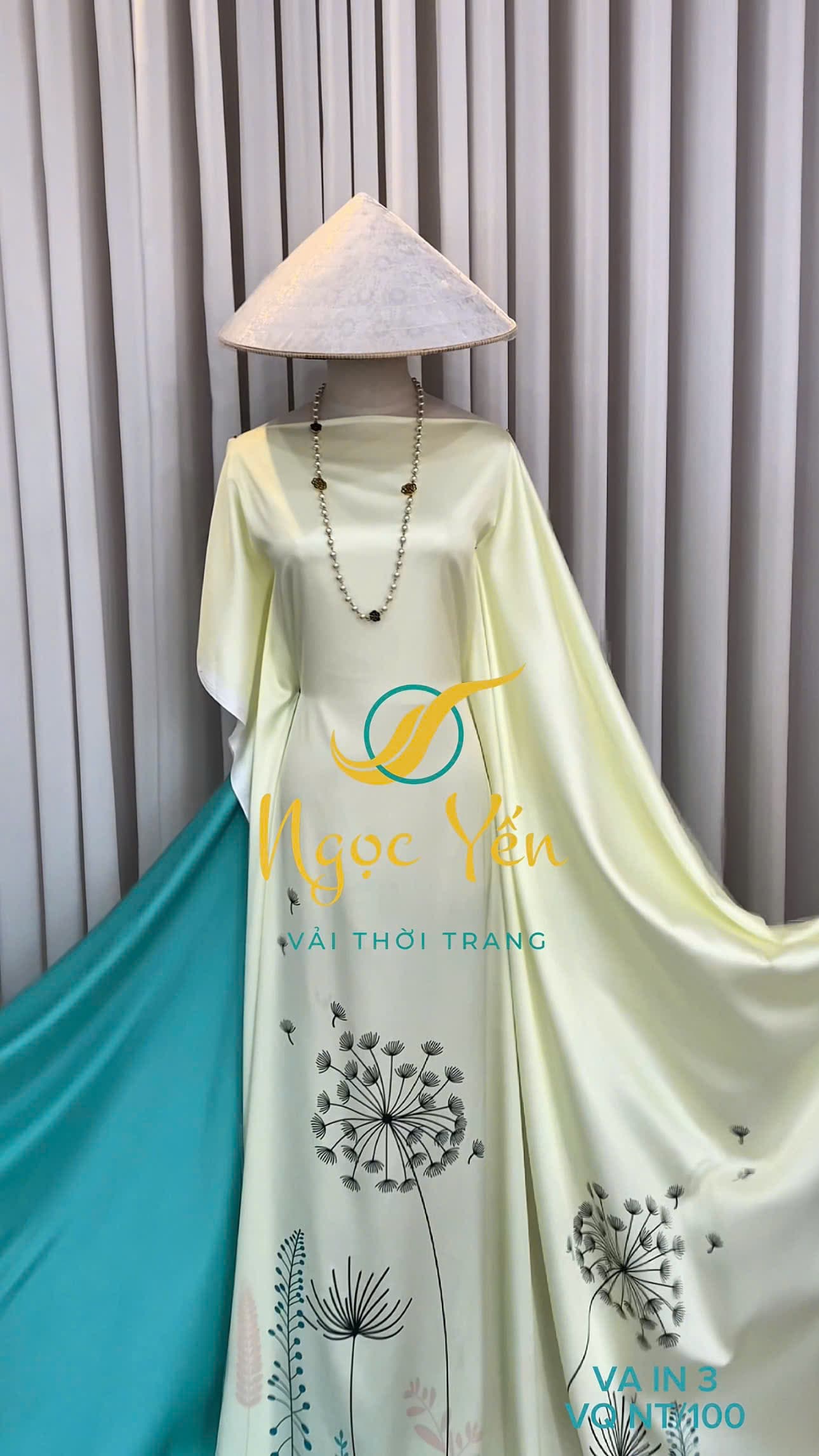 VA IN 3-Vải áo dài lụa in họa tiết bồ công anh màu vàng