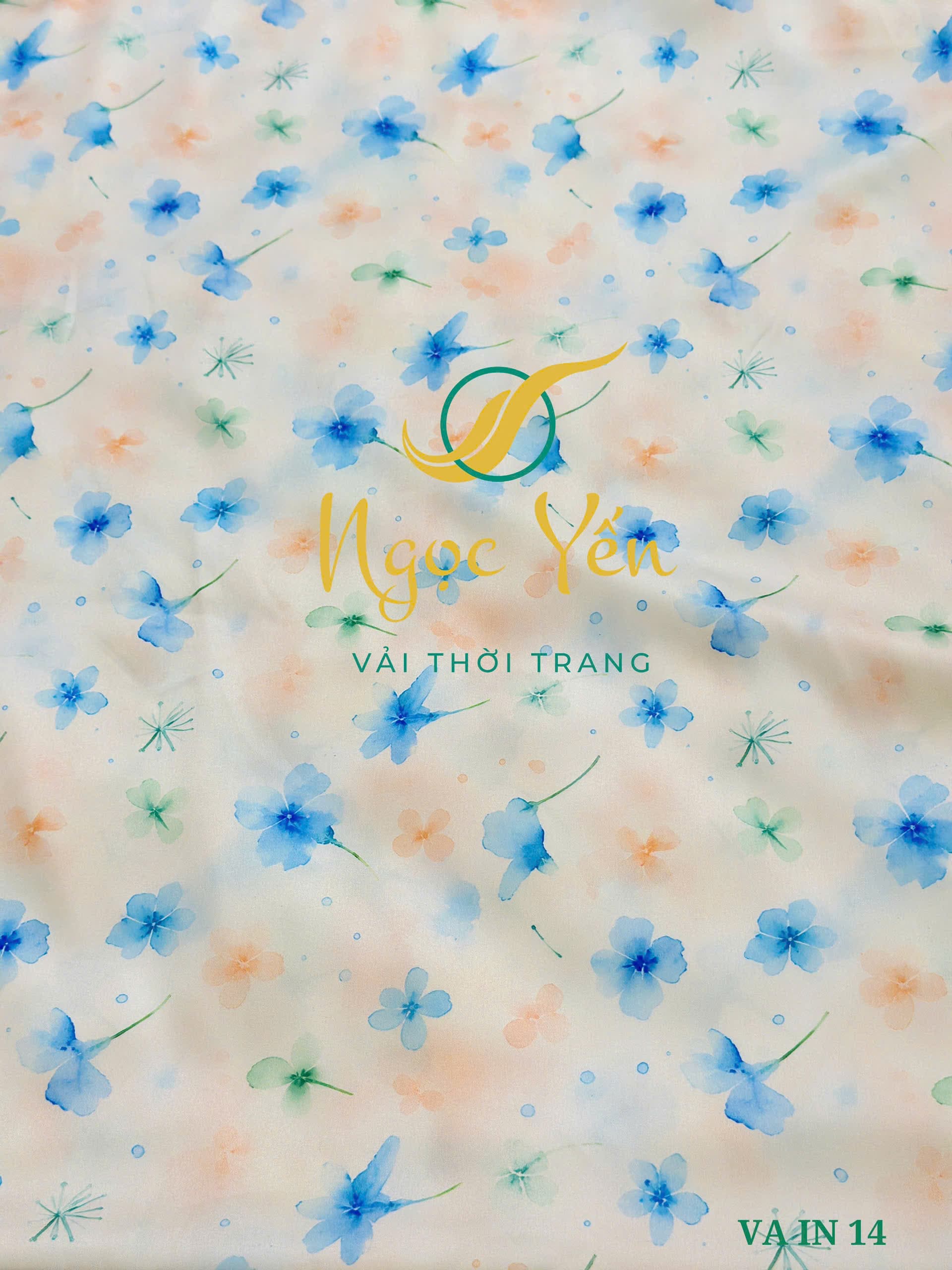 VA IN 14-Vải áo dài lụa latin họa tiết hoa xanh dương