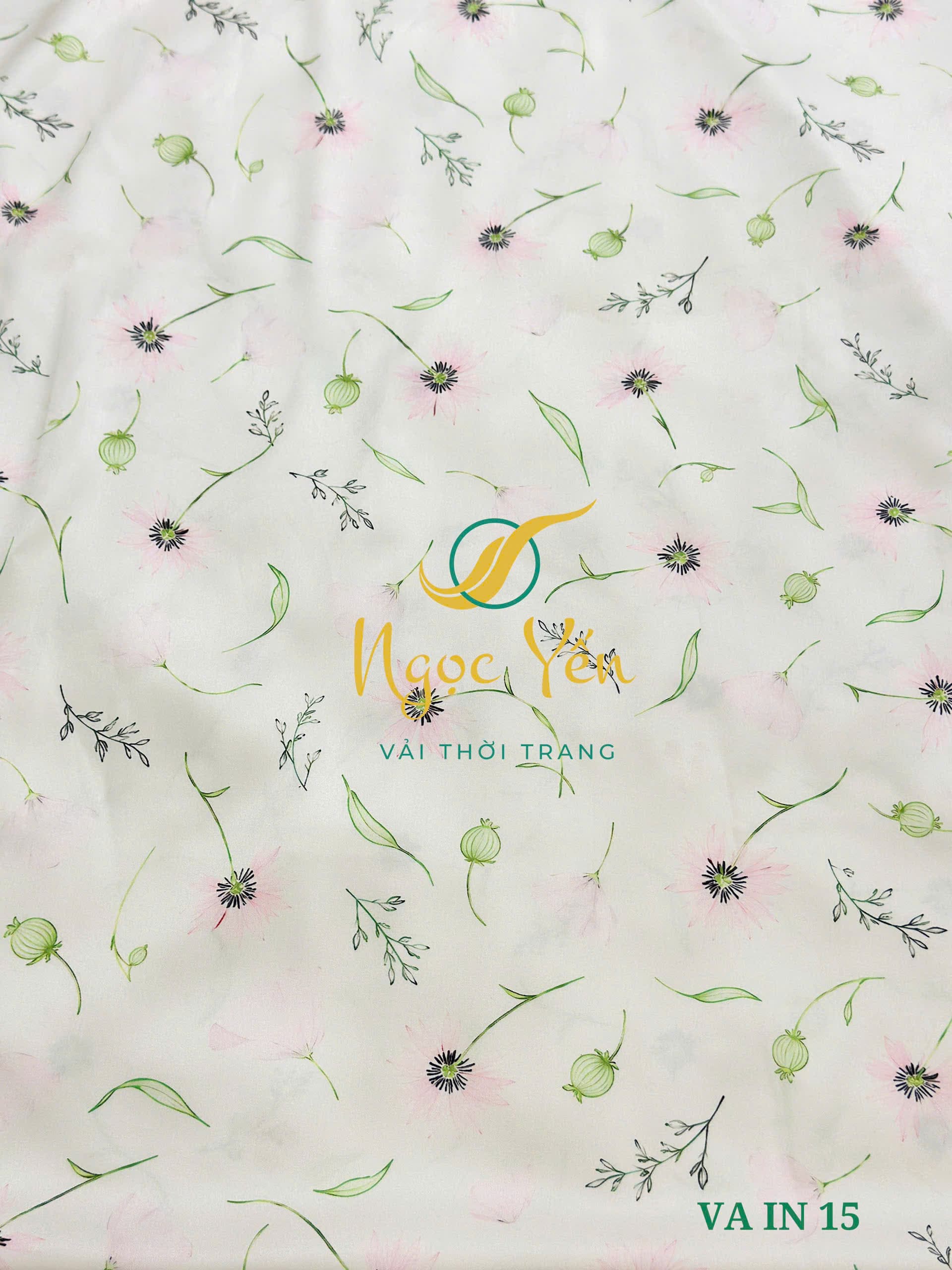 VA IN 15-Vải áo dài lụa latin họa tiết hoa lá xanh