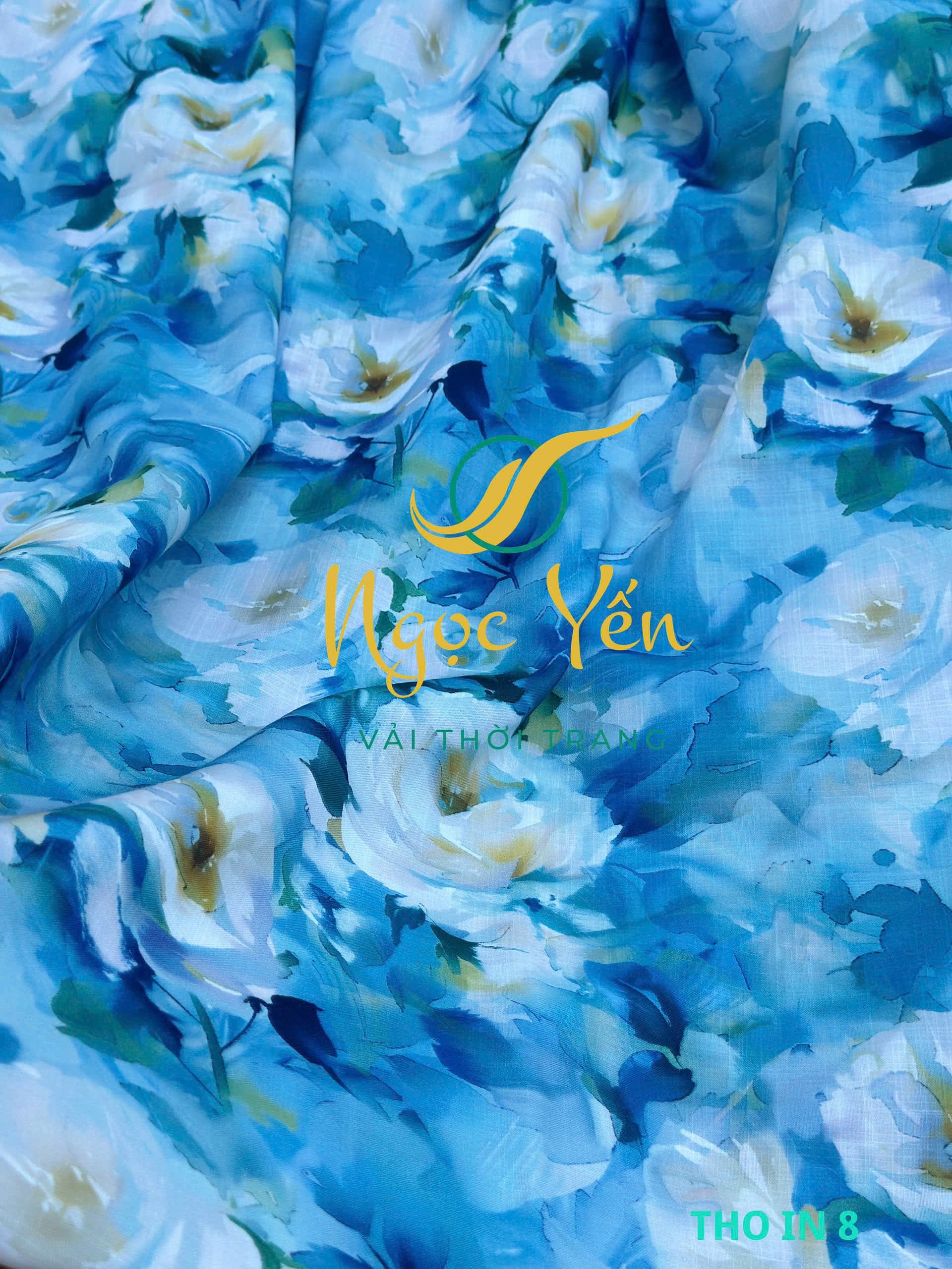 THO IN 8-Vải thô in họa tiết hoa xanh