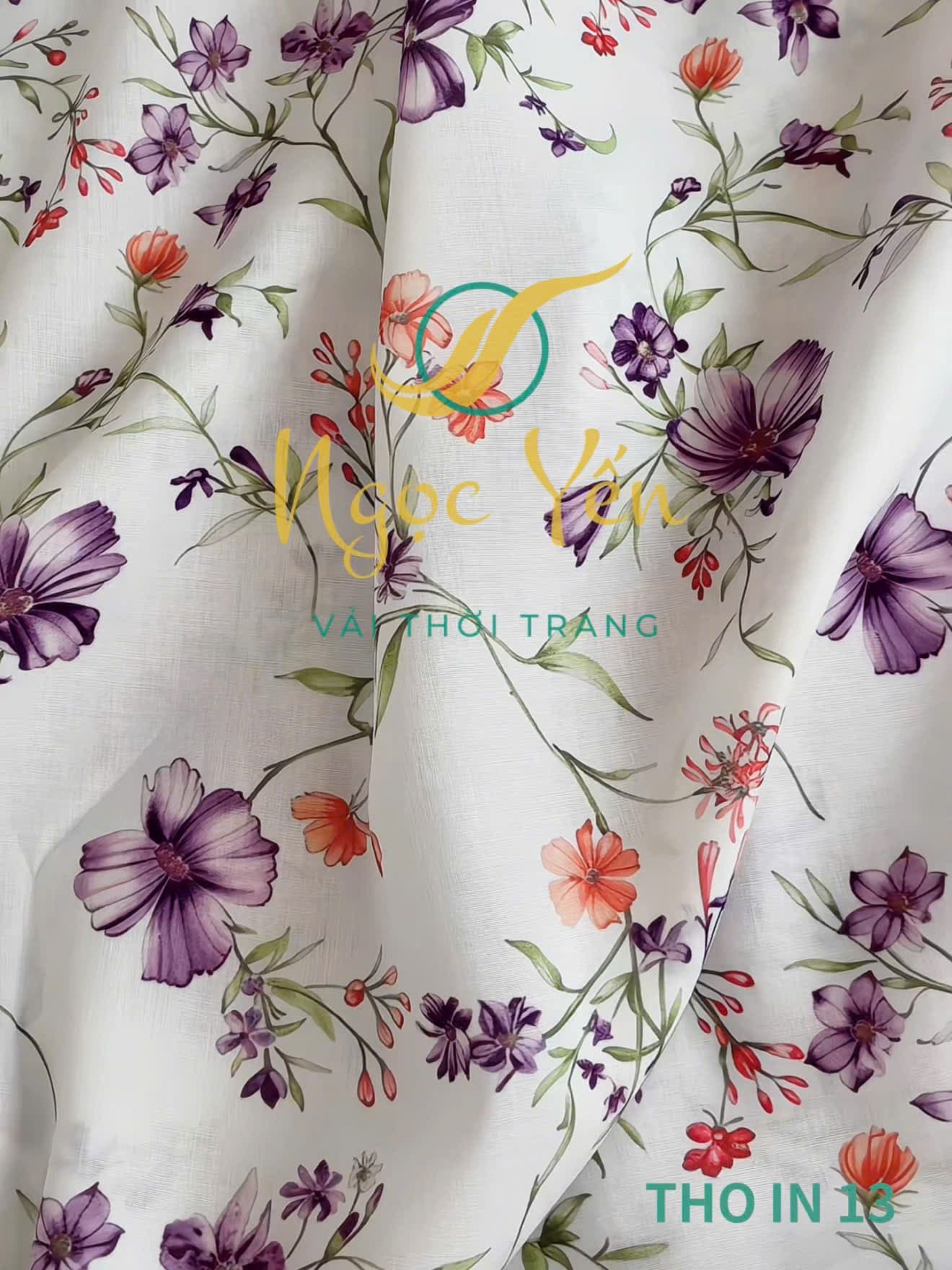THO IN 15-Vải thô in họa tiết hoa nâu xanh