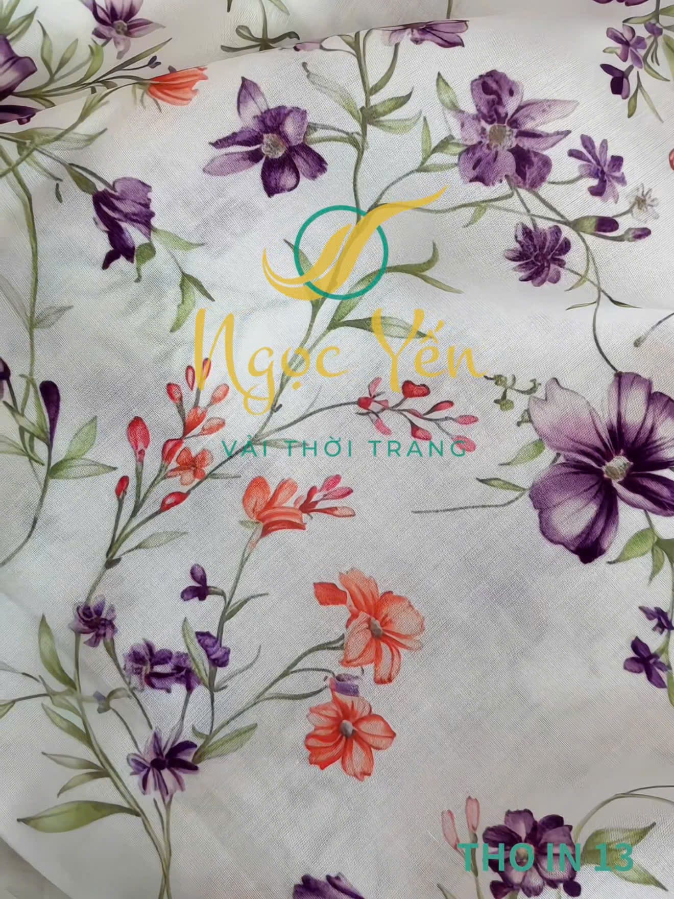 THO IN 15-Vải thô in họa tiết hoa nâu xanh