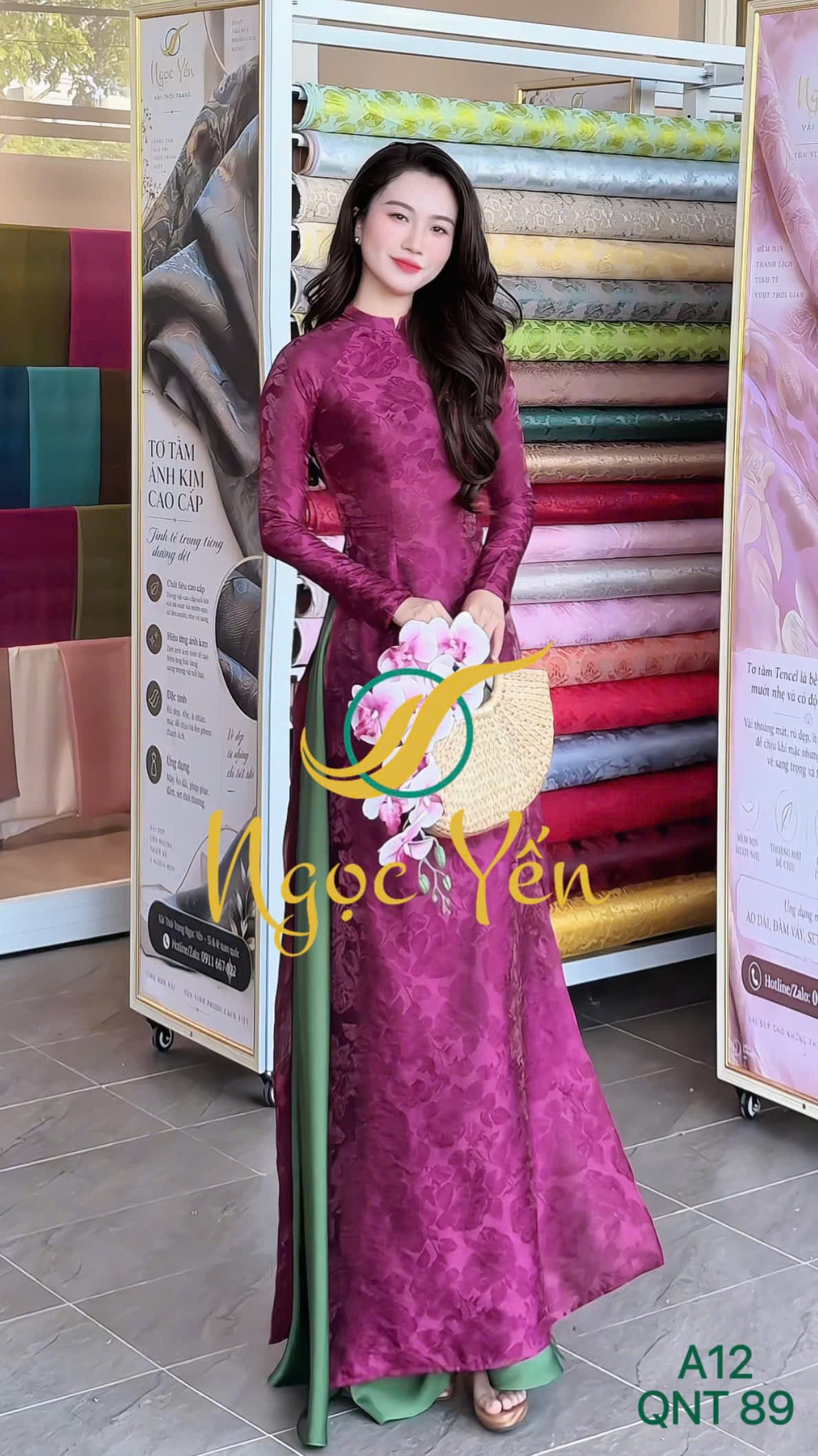 QNT 89-Quần áo dài lụa ngọc trai xanh lá