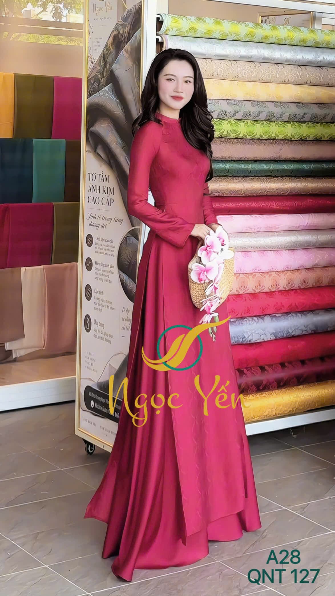 QNT 127-Quần áo dài lụa ngọc trai đỏ đô
