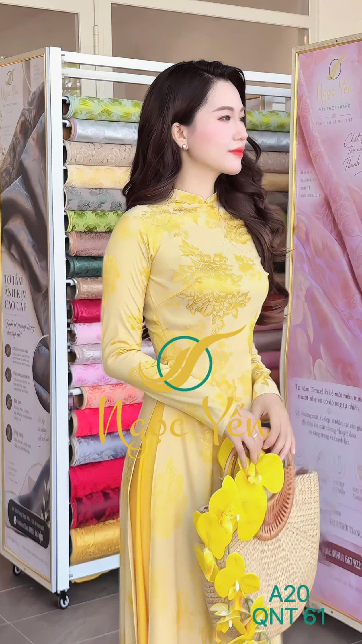 QNT 61-Quần áo dài lụa ngọc trai vàng sáng