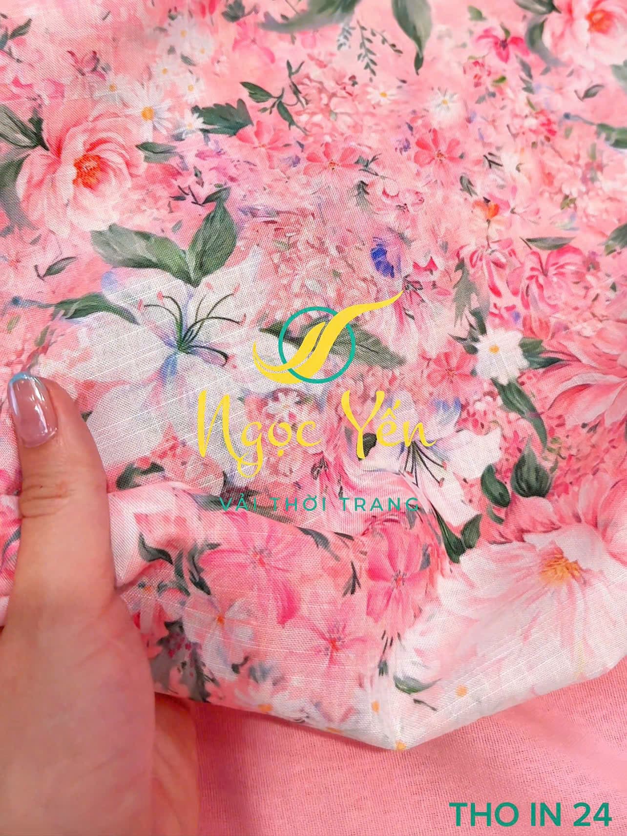 THO IN 24-Vải thô linen in hoa hồng