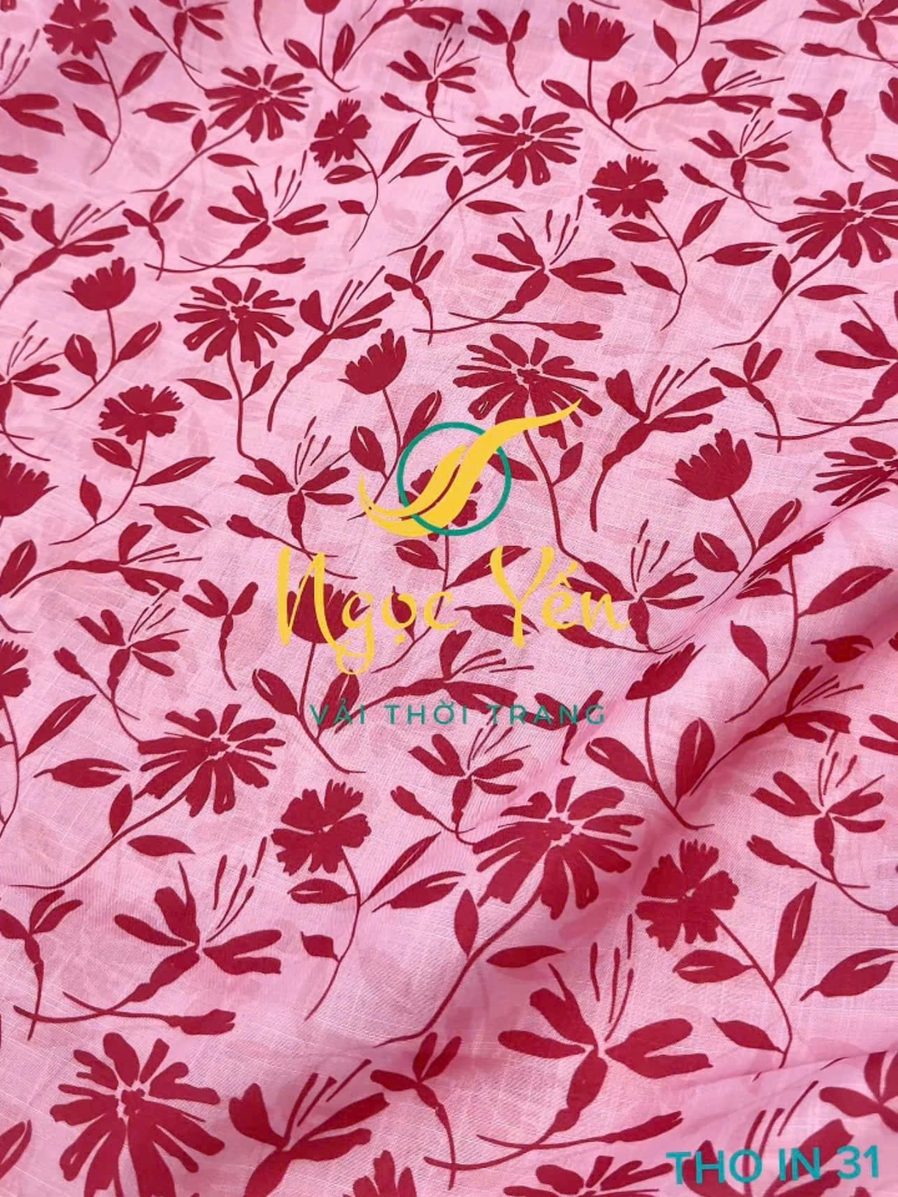 THO IN 31-Vải thô linen in cành hoa hồng