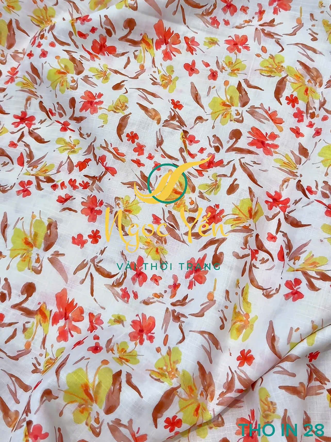 THO IN 28-Vải thô linen in hoa đỏ vàng