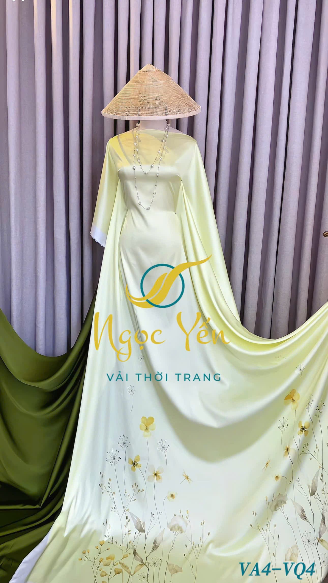 VA4-Vải áo lụa ngọc trai in họa tiết hoa cỏ dại màu vàng trứng