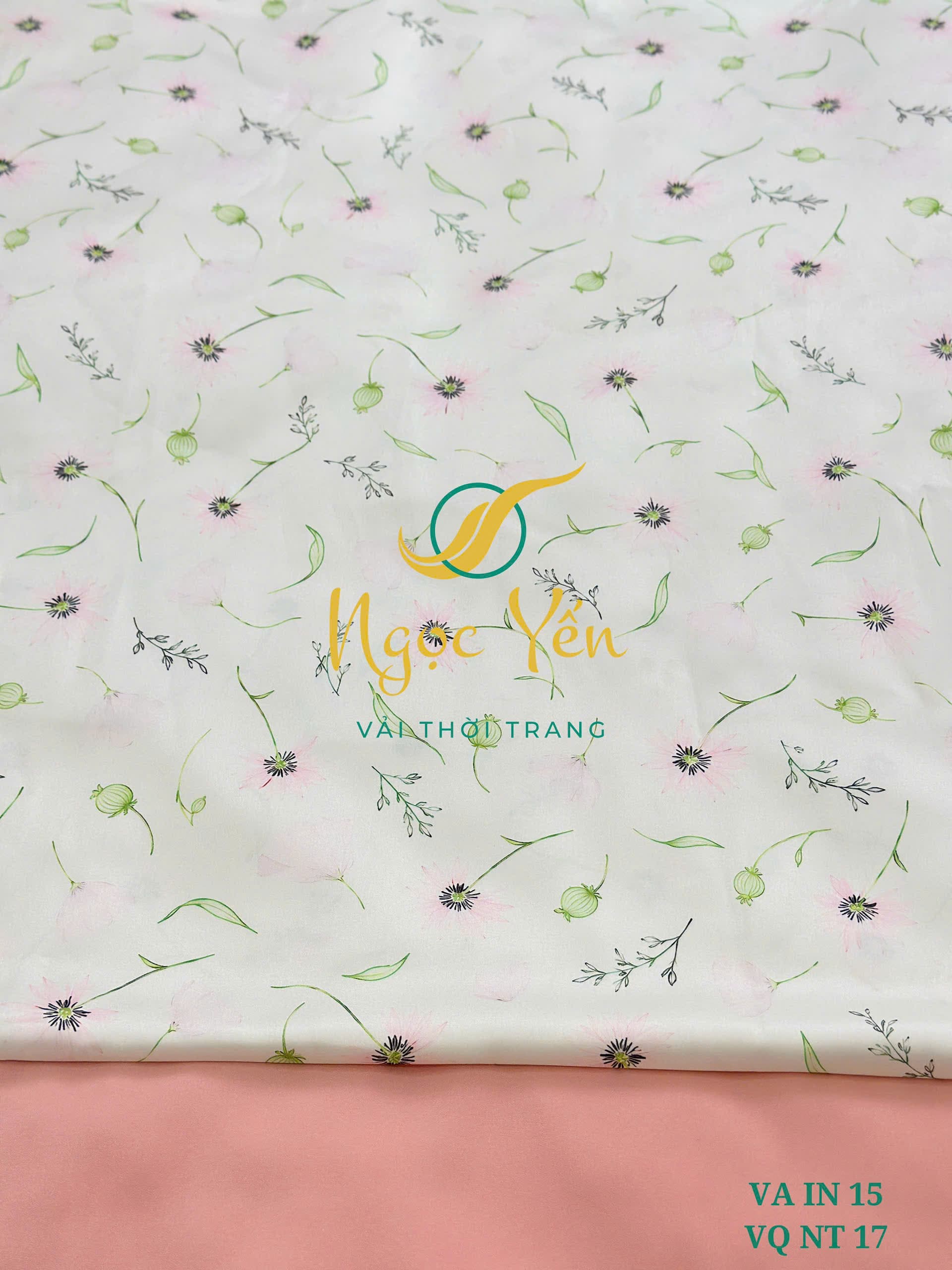 VA IN 15-Vải áo dài lụa latin họa tiết hoa lá xanh