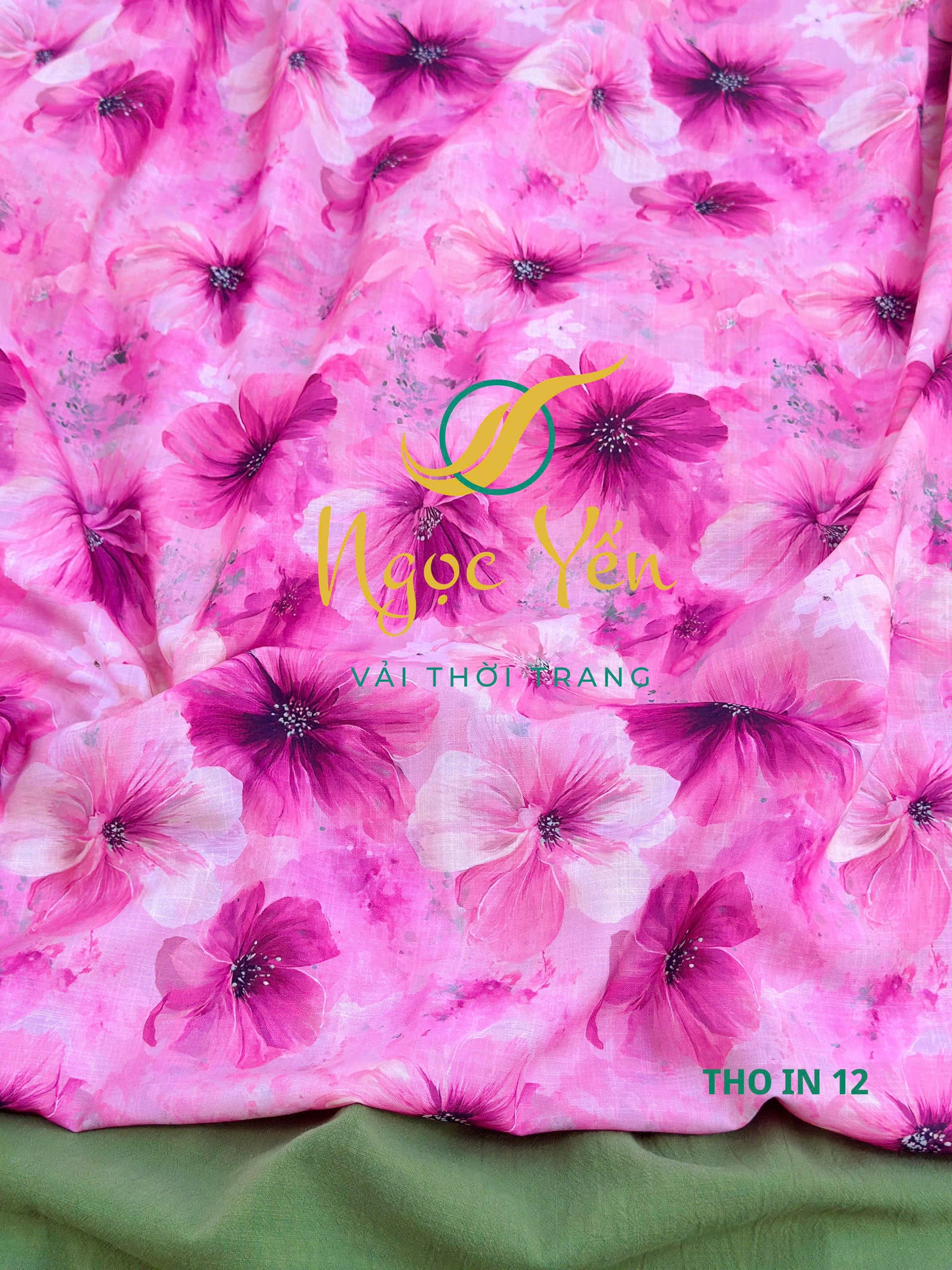 THO IN 12-Vải thô in họa tiết hoa hồng tím