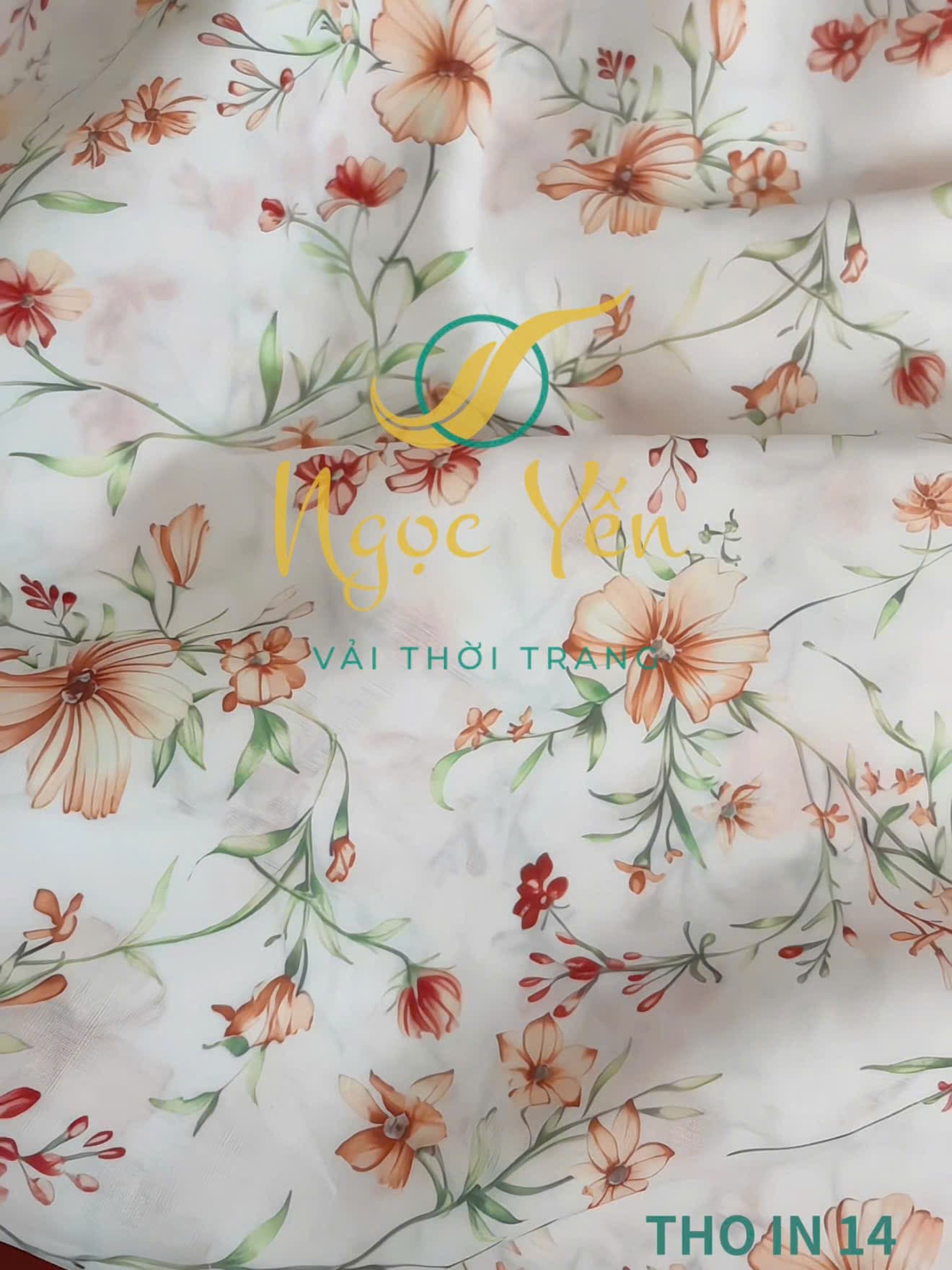 THO IN 14-Vải thô in họa tiết hoa đỏ cam