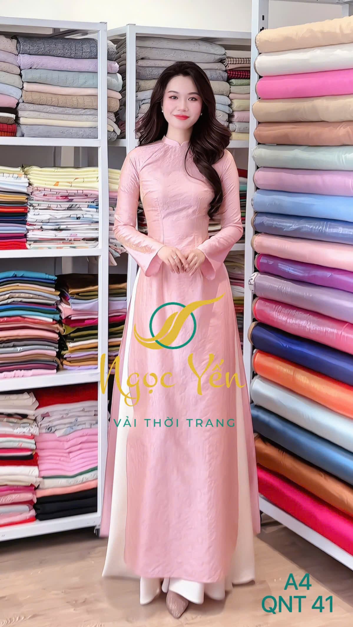 A4-Áo dài lụa cổ trụ, tay dài hồng