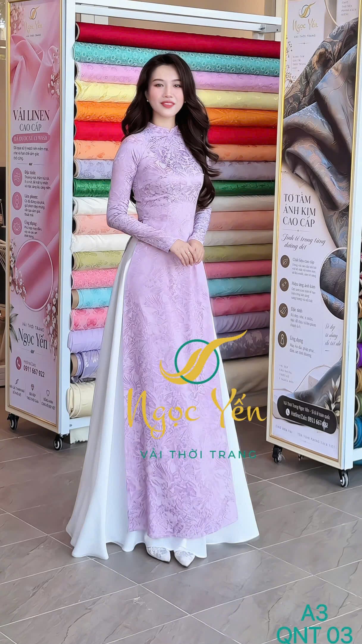 A3-Áo dài lụa gấm cổ trụ, tay dài hoa tím
