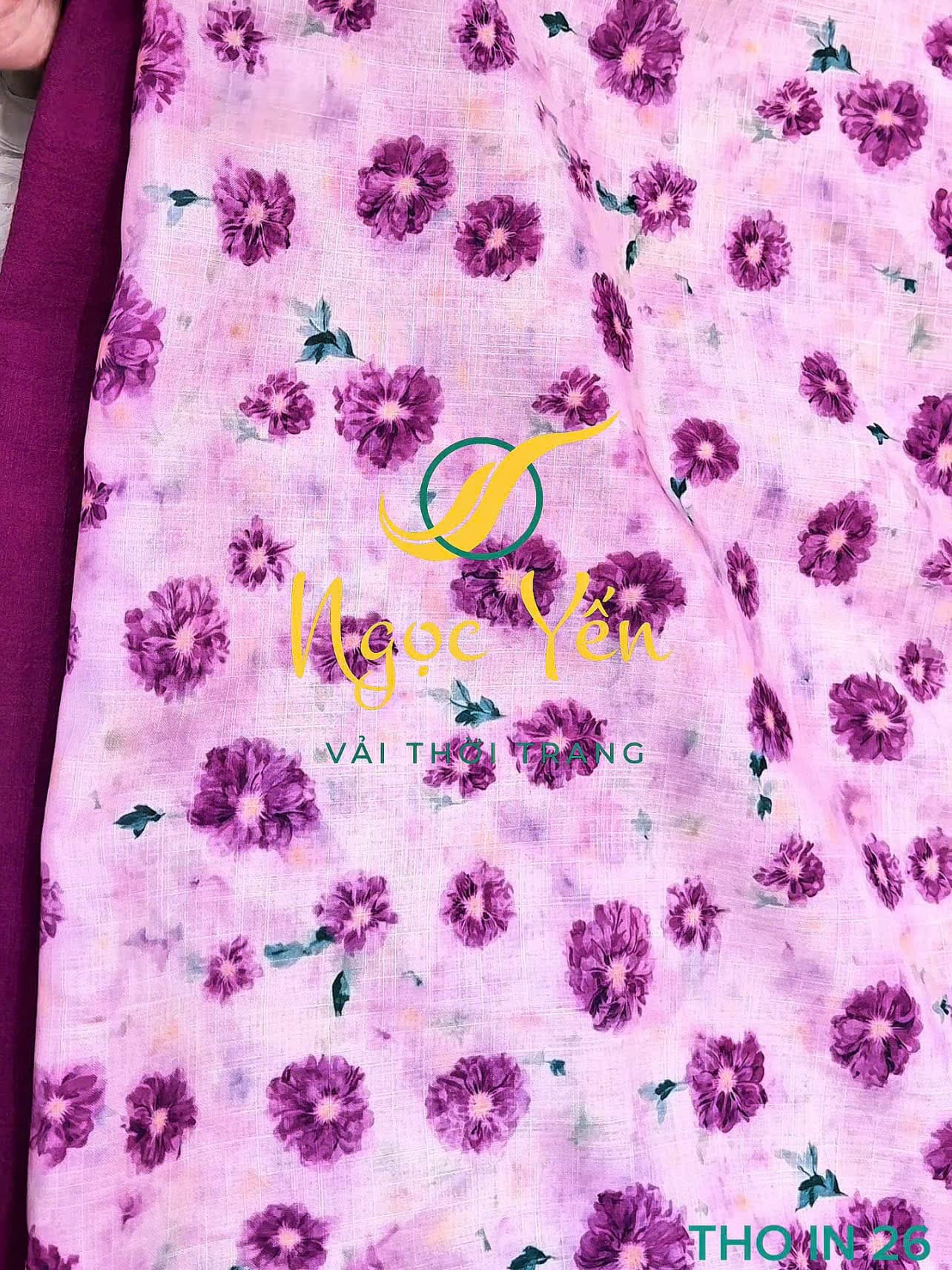 THO IN 26-Vải thô linen in hoa tím