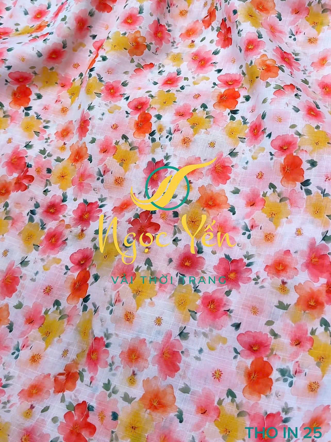 THO IN 25-Vải thô linen in hoa nhí hồng vàng
