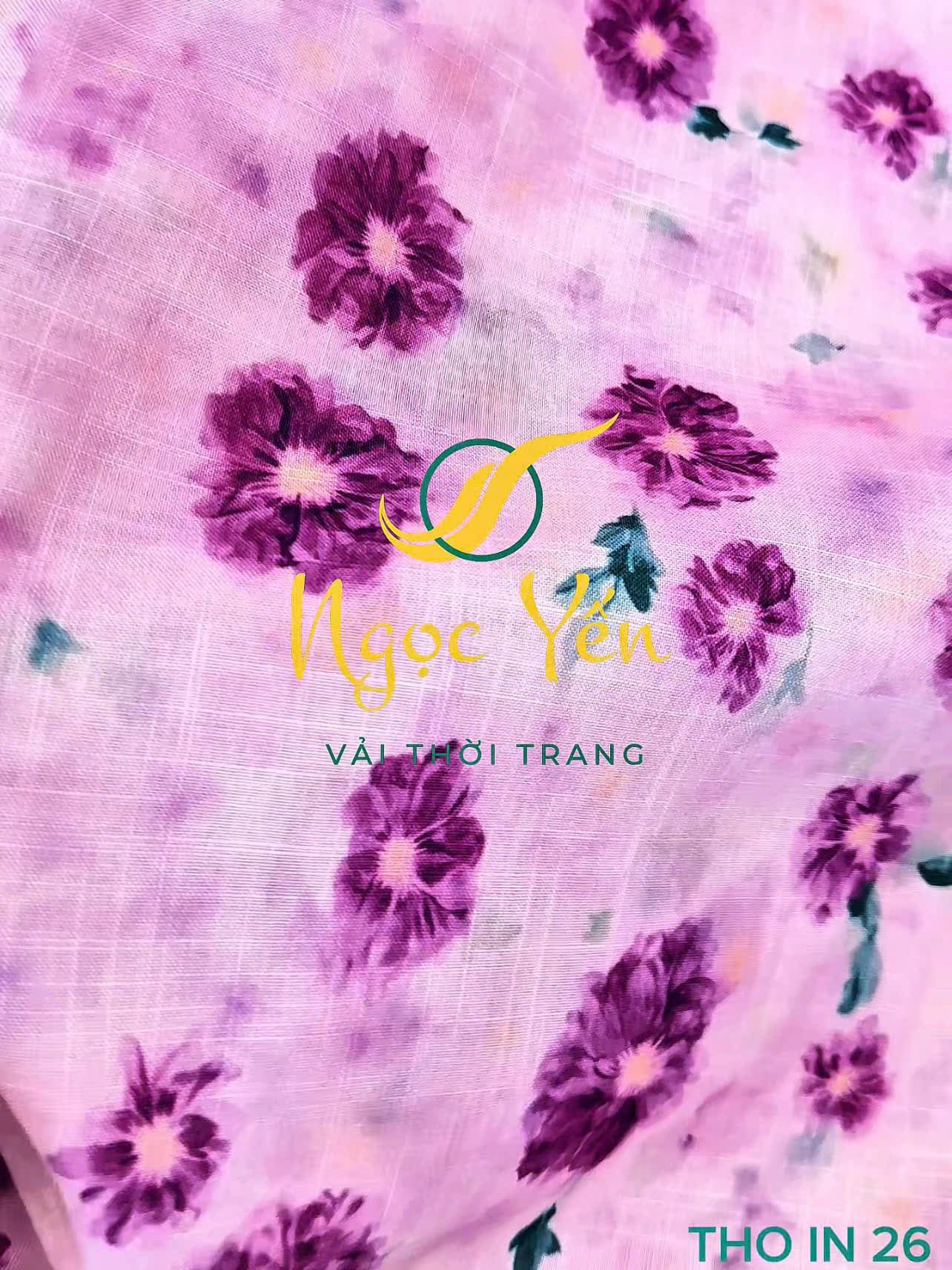 THO IN 26-Vải thô linen in hoa tím