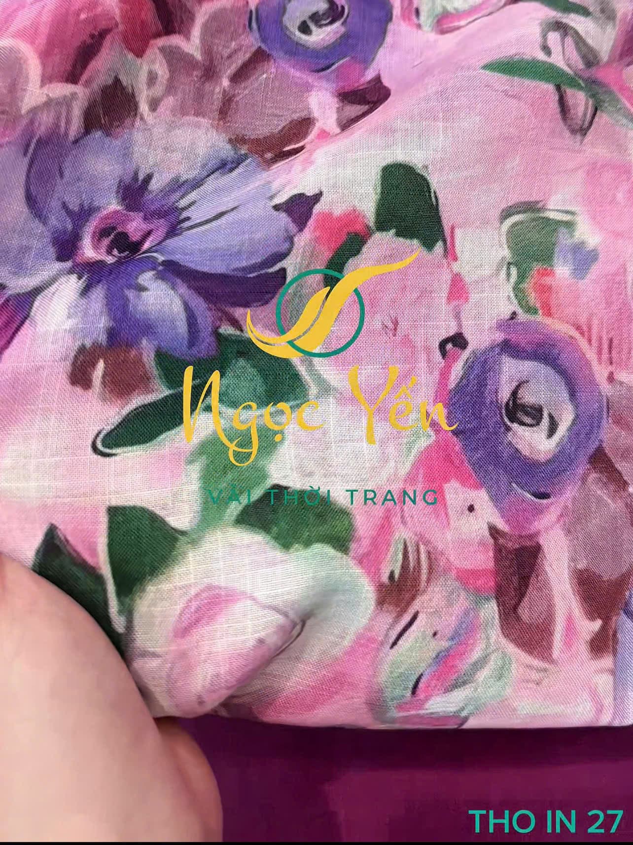 THO IN 27-Vải thô linen in hoa tím hồng