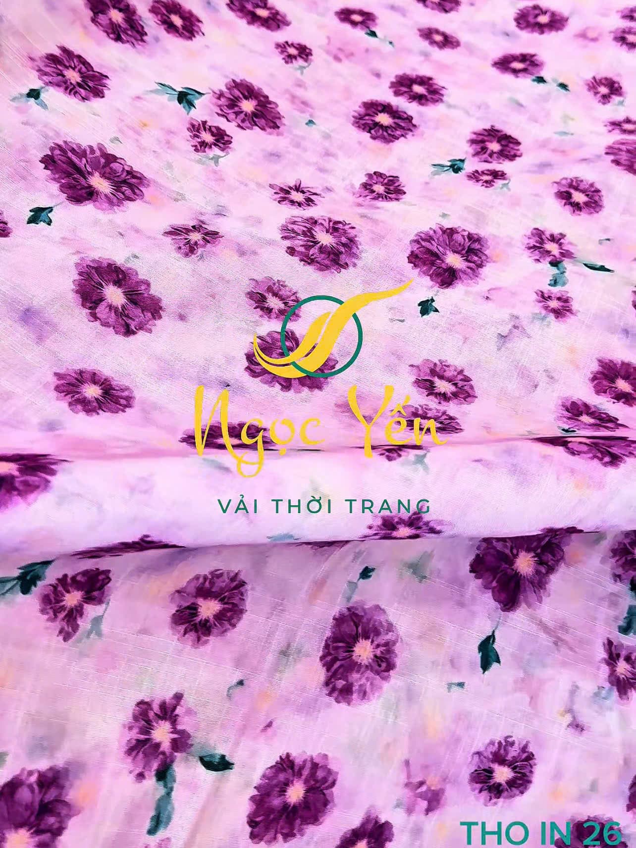 THO IN 26-Vải thô linen in hoa tím