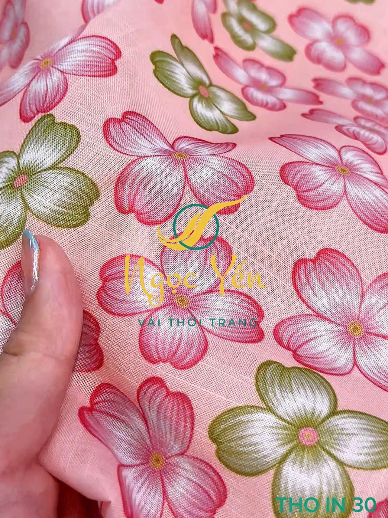 THO IN 30-Vải thô linen in hoa 4 cánh hồng xanh