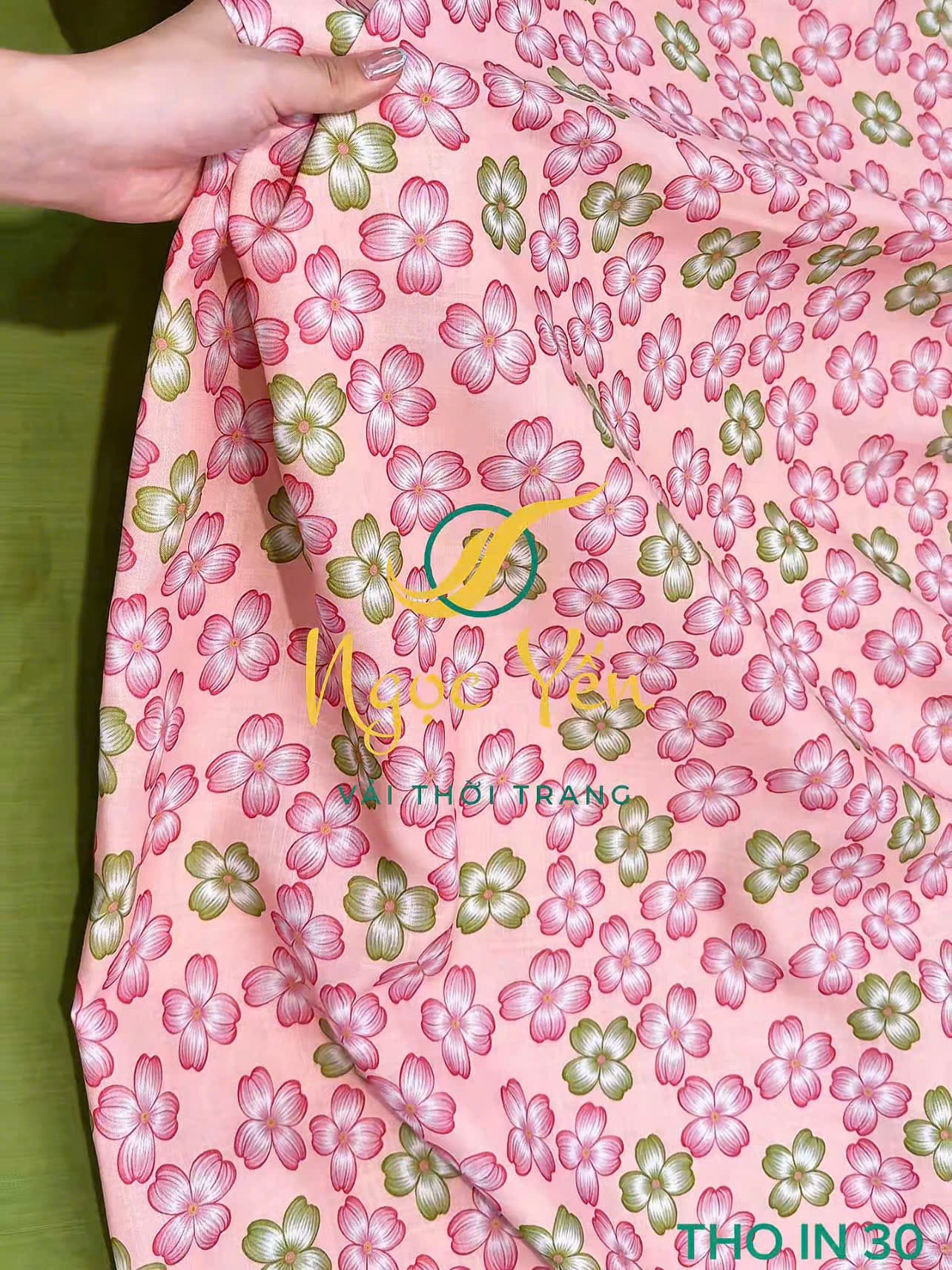 THO IN 30-Vải thô linen in hoa 4 cánh hồng xanh