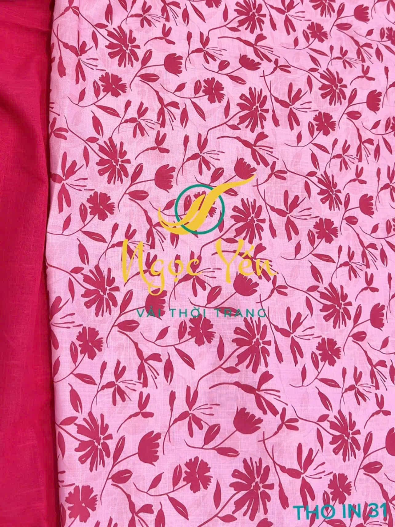 THO IN 31-Vải thô linen in cành hoa hồng