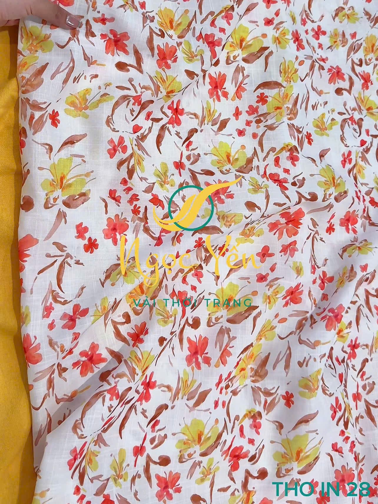 THO IN 28-Vải thô linen in hoa đỏ vàng