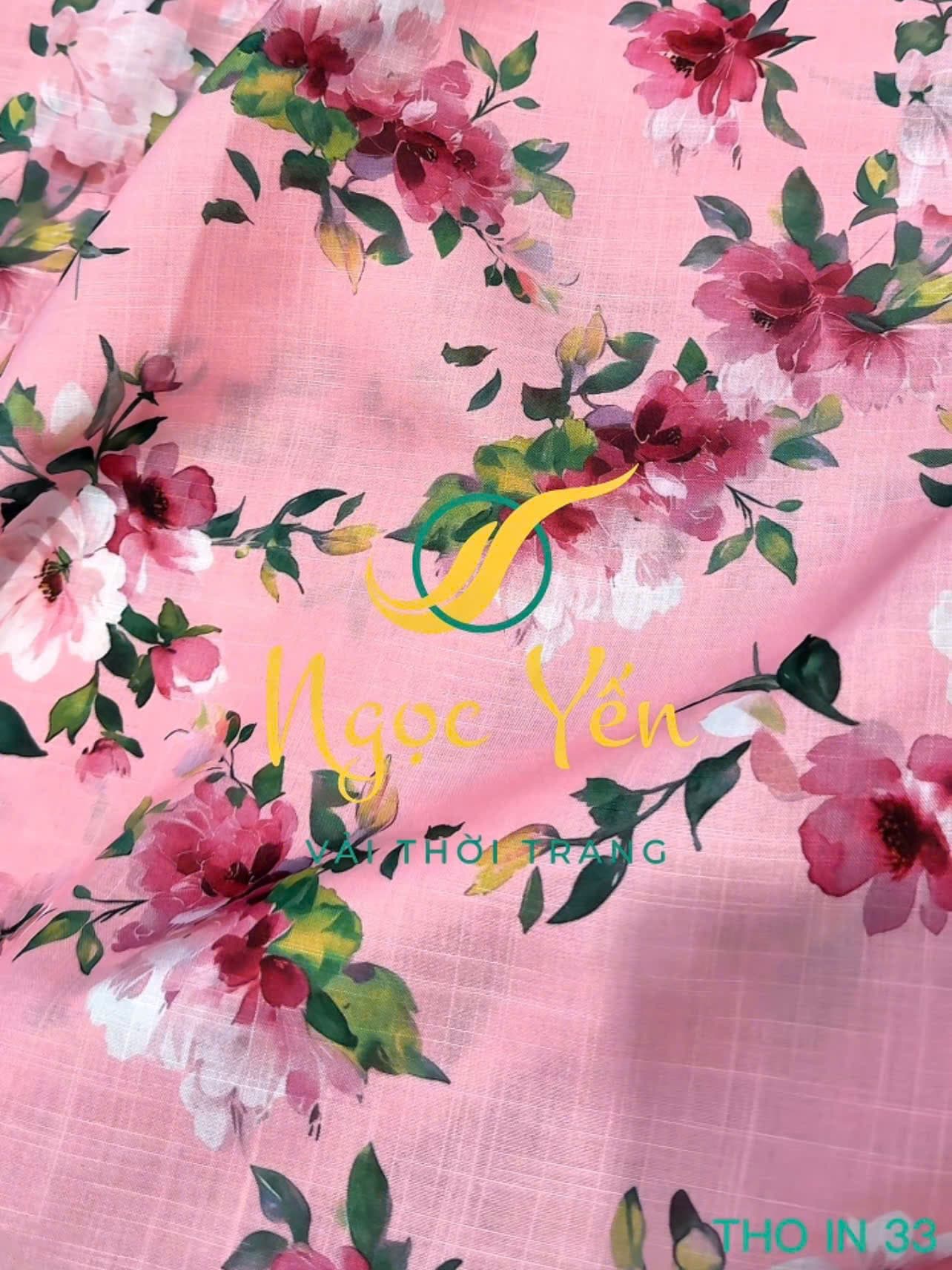 THO IN 33-Vải thô linen in hoa nền hồng